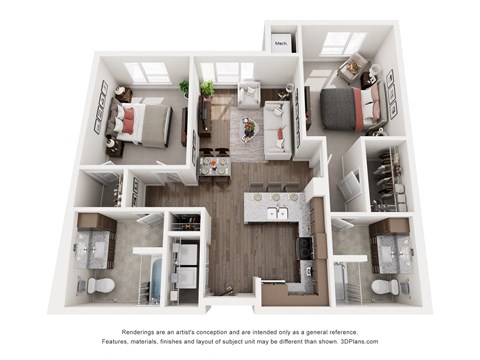 Floor plan for 2 beds, 2 baths, 1021 sqft